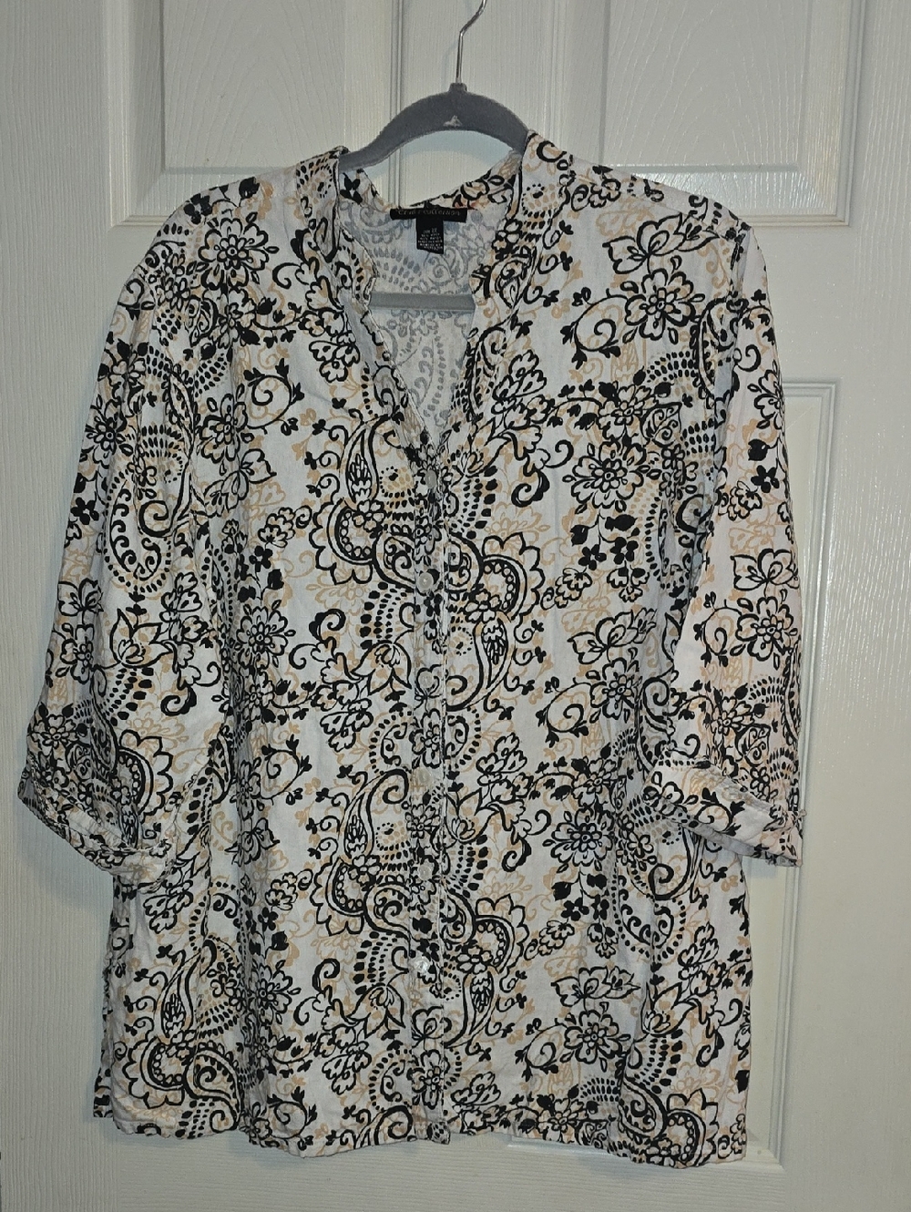 Women's Paisley & Floral Tunic in White, Black & Tan - Lightweight Button Front